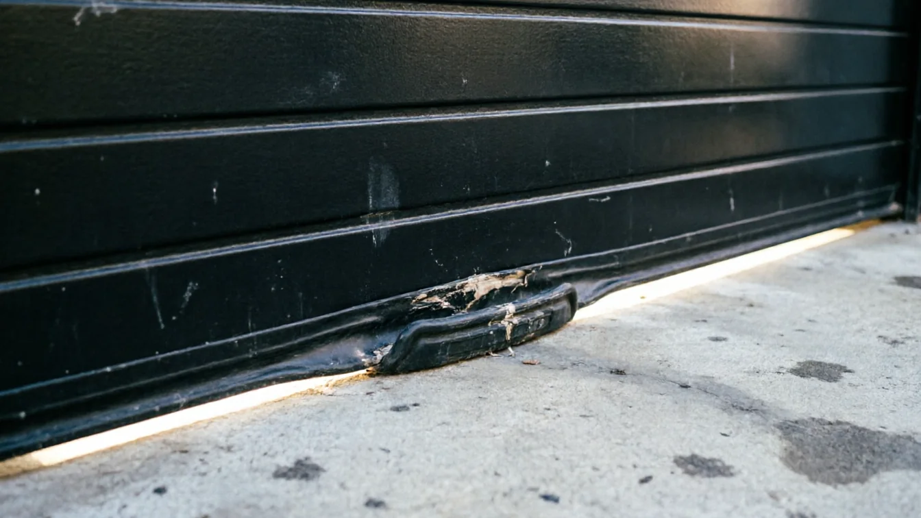 The bottom of a black garage door has a damaged weather seal and a gap.