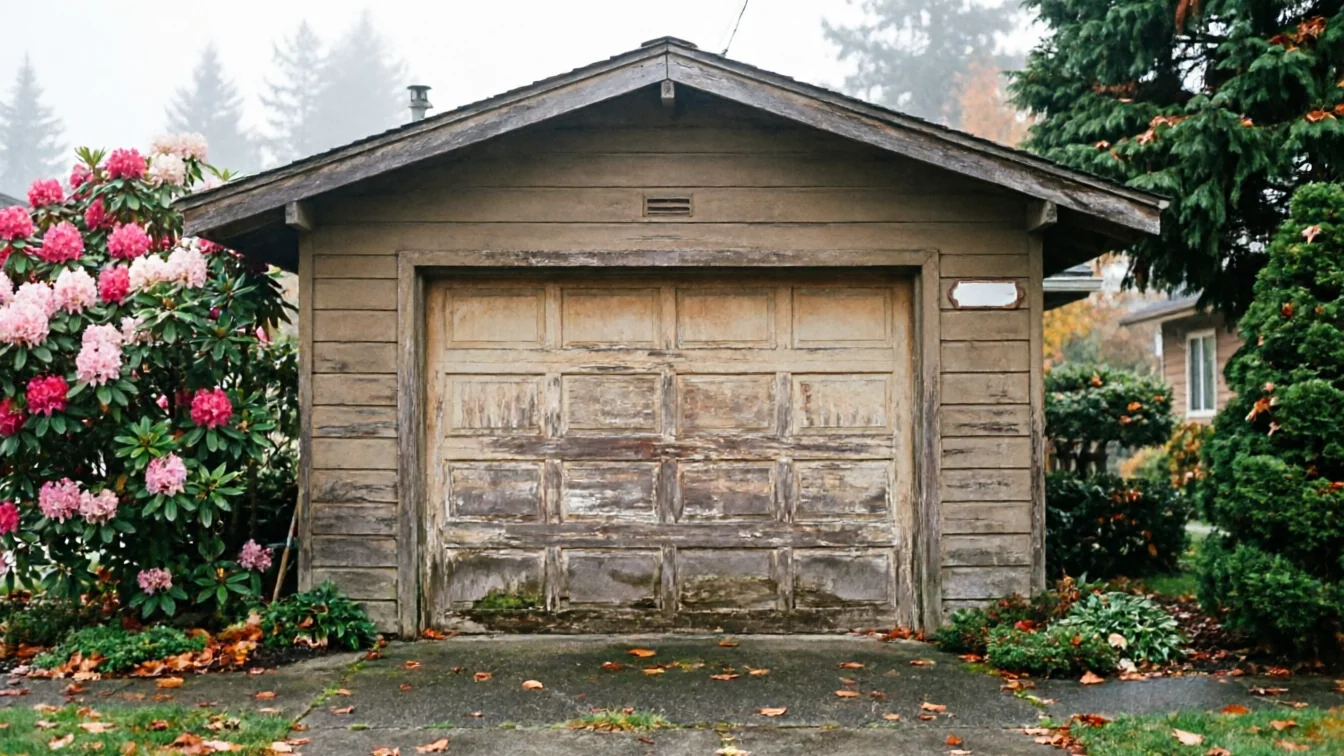 A weathered wooden garage with a worn garage door and pink flowers on the left.