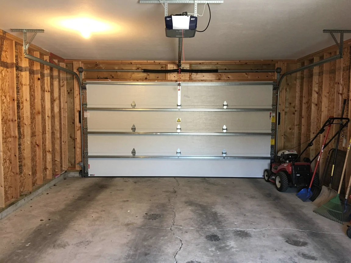 A white garage door is closed inside an unfinished garage with a lawnmower.