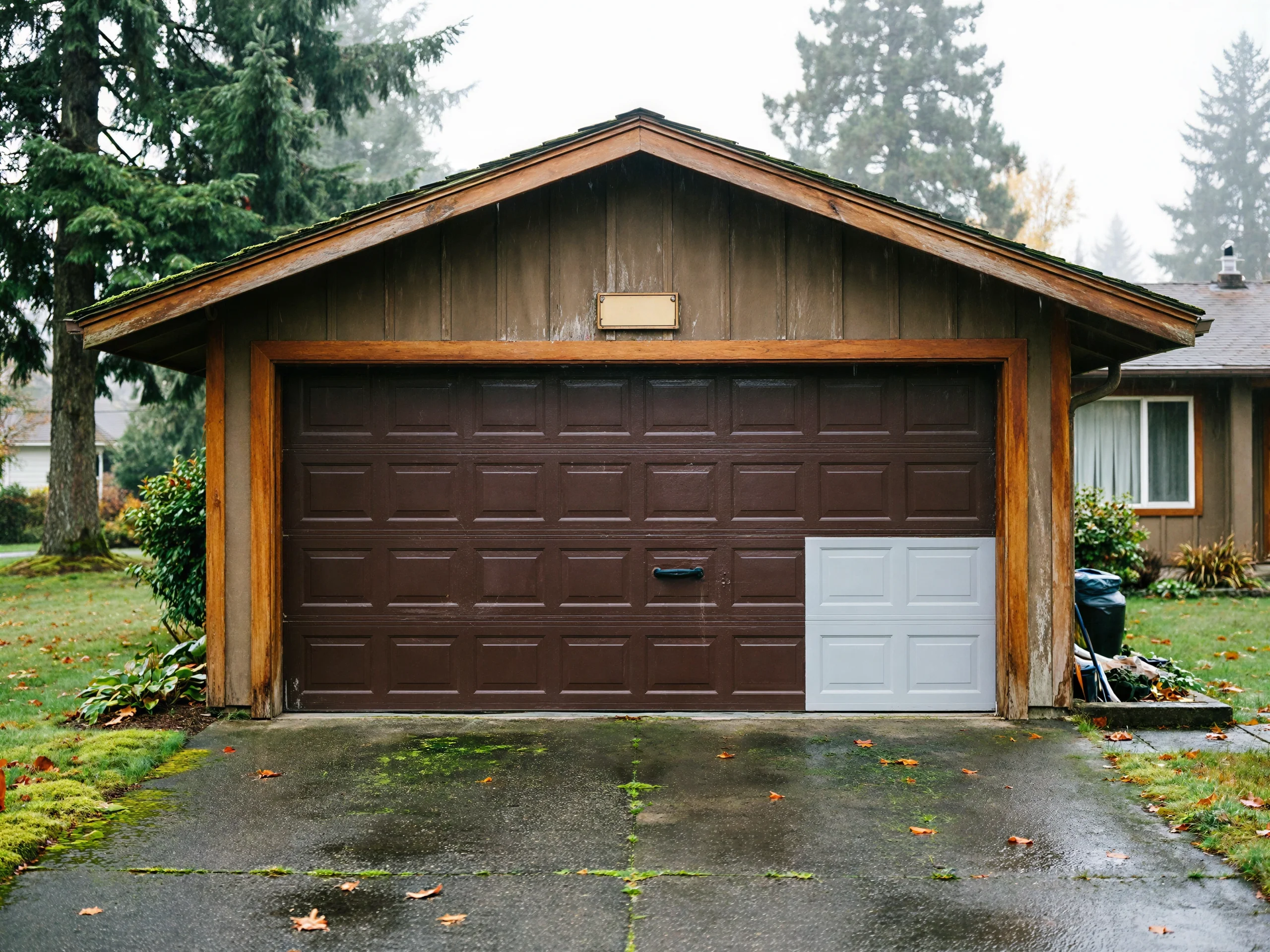 A brown garage door with a light gray panel on the driveway.