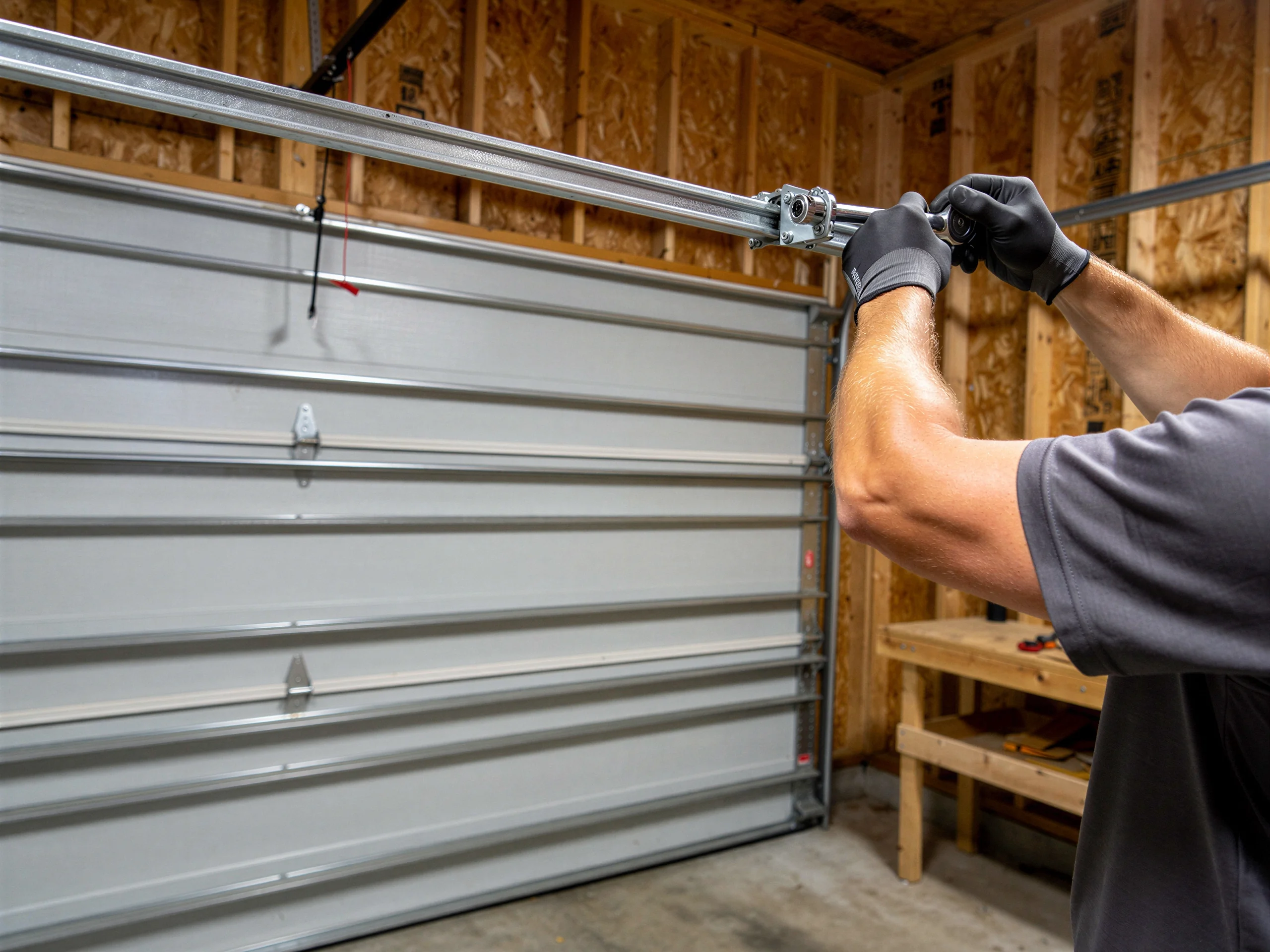 A technician in gloves works on a garage door opener rail above a gray garage door.