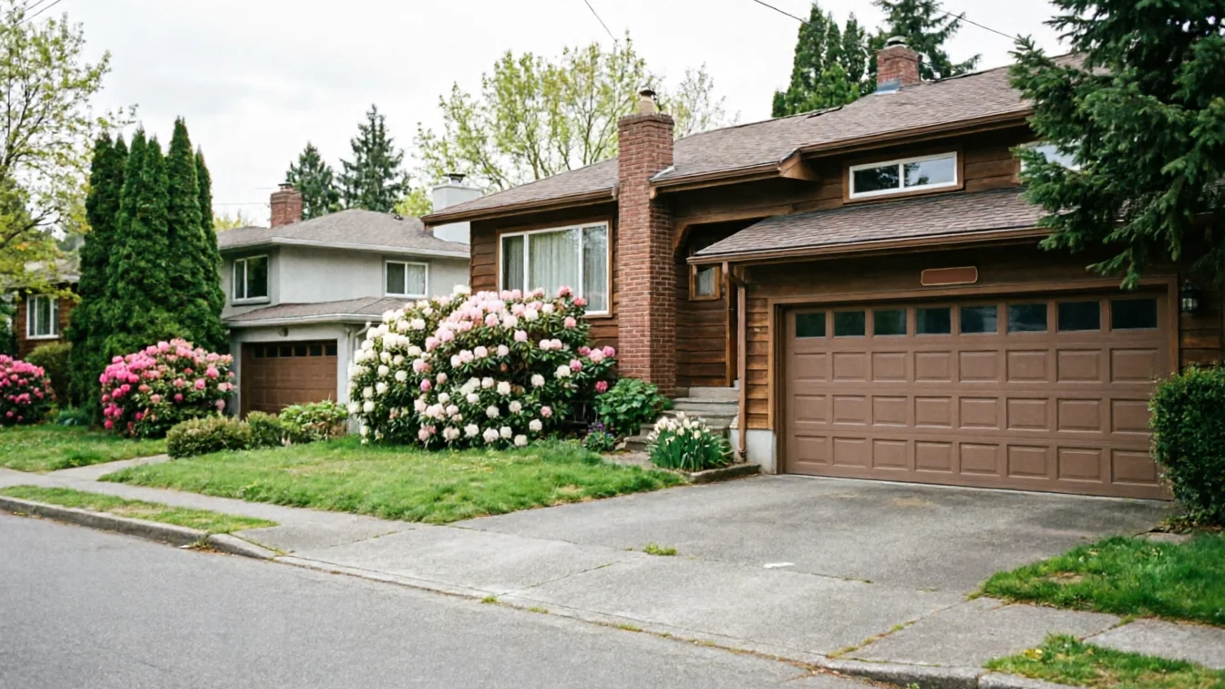 A brown garage door with windows is on a brown house with a brick chimney.