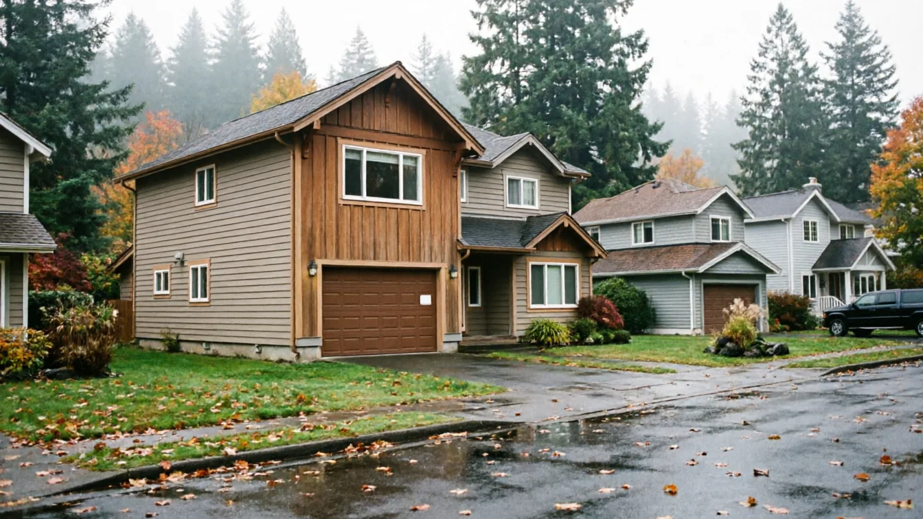 A brown garage door on a house with wood and tan siding, next to a wet street.